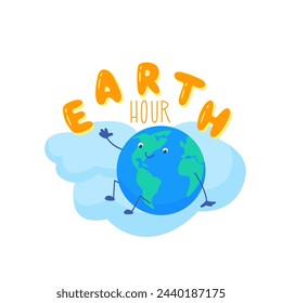 Earth Hour poster. The planet Earth in kawaii style is sitting on the clouds. Vector color illustration in flat style.