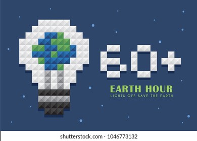 Earth Hour poster template. Light bulb with earth and 60+ in 3D pixel art on space background. Lights Off Save the Earth. Eco energy save concept vector in flat vector illustration.