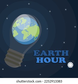 Earth hour poster with the world globe in the lightbulb. Blue space background