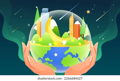 Earth hour, protect the earth's environment, with plants and clouds in the background, vector illustration