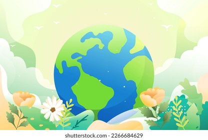 Earth hour, protect the earth's environment, with plants and clouds in the background, vector illustration