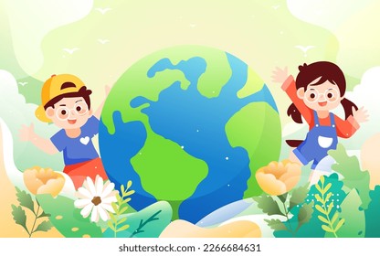 Earth hour, protect the earth's environment, with plants and clouds in the background, vector illustration