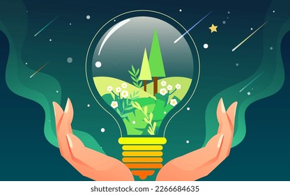 Earth hour, protect the earth's environment, with plants and clouds in the background, vector illustration