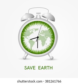 Earth hour. Save earth concept - clock with green grass and earth map showing earth hour time. Vector.
