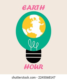 Earth hour. Save our planet. Lightbulb and Earth Hour inscription. Saving electric energy. Colorful vector illustration