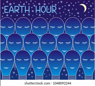 Earth Hour.  A lot of sleeping lamps against the starry sky. 60 minutes of off light, action, worldwide. Ecology and environmen. 