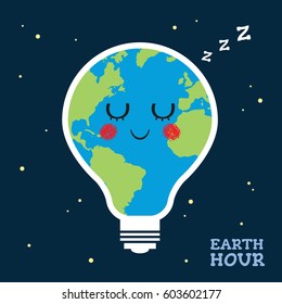 Earth Hour. Sleeping or napping cartoon earth globe in light bulb shape. Eco energy save concept vector illustration.