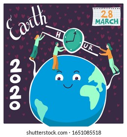 Earth hour spring ecological action. Creative concept illustration with small people on planet Earth. Numbers 2020 and lettering on dark background. Blue, green, orange palette. Square form card.