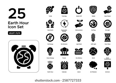 Earth Hour and Sustainable Living. Energy Conservation Icons. Environmental Responsibility, Electricity Saving, and Green Future. Vector Illustration. Glyph solid icon set