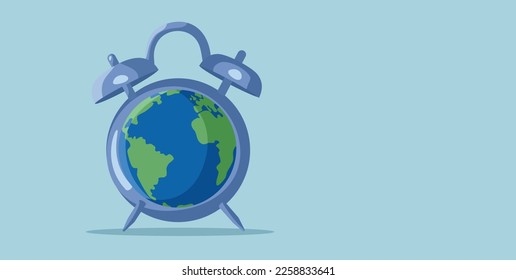 
Earth Hour Time to Save the Planet Concept Illustration. Alarm clock shapes as out blue earth announcing environmental conservation deadline
