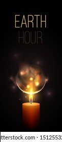 Earth Hour. Time without electricity. Nature conservation. Ecological problem of planet pollution. Vector card with realistic burning candle, flame and planet Earth on a dark background. Vector card 