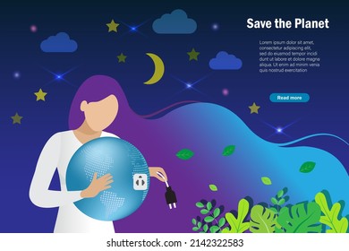 Earth Hour, Turn Off Light To Save Energy. Woman Unplug Green Globe In Arm For Relaxing. World Environment Day, Earth Day And Care For Nature Concept.