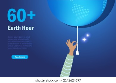 Earth hour, turn off light to save energy. Hand turn off light globe to save energy. World environment day, earth day and care for nature concept.