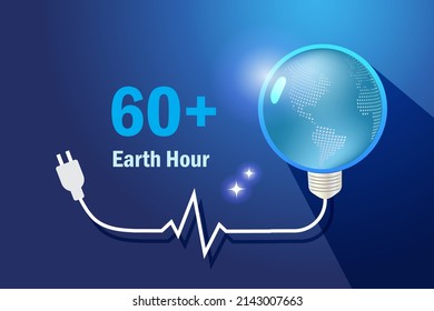 Earth Hour, Turn Off Light To Save Energy. Globe Light Unplug With ECG EKG Graph Line To Save Health. World Environment Day, Earth Day, Sustainable Environment Concept.