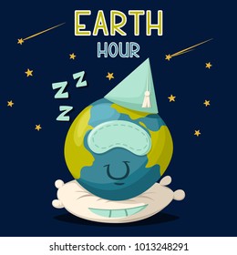 Earth hour vector cartoon poster. Illustration cute planet sleeps on a pillow on the space background with stars.