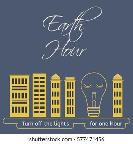 Earth Hour vector design with night city and turned off the lamp. Turning off lights in their homes. Flat illustration. Usable for design, website, banner, background, poster.