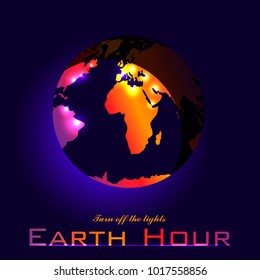 Earth hour vector illustration, banner, background. EPS10. Electric lights on a colorful world map. Lights are turned off and the Earth becomes dark