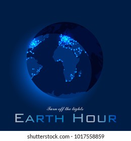 Earth hour vector illustration, banner, background in blue colors. EPS10. Electric lights on a world map. Lights are turned off and the Earth becomes dark