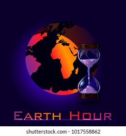 Earth hour vector illustration, banner, background. EPS10. Colorful world map and one-hour purple glitter sand clock. Lights are turned off and the Earth becomes dark