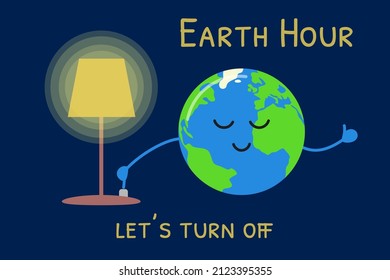 Earth Hour vector illustration. Cute planet Earth turns off light of lamp and smiles. Banner, poster with Lets turn off text.