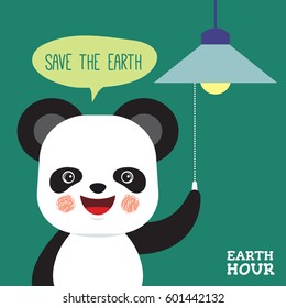 Earth Hour vector illustration. Cute cartoon panda turn off the lights with speech bubble 'Save the Earth'. Eco energy save concept.