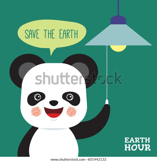 アースアワーのベクターイラスト かわいい漫画のパンダが 吹き出しの 地球を救う でライトを消す エコエネルギー節約のコンセプト のベクター画像素材 ロイヤリティフリー