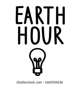 Hora de la Tierra. Ilustración vectorial de una bombilla en un fondo blanco. Caligrafía y letras. El concepto de ecología y conservación de la energía.