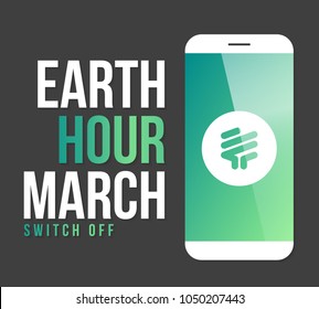 Earth hour vector illustration in march with modern minimal style flat smart phone and space for text. Earth hour design with green mobile screen and bulb icon.
