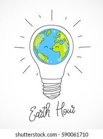 Earth Hour. Vector illustration of the planet in light bulb on a white background. Calligraphy and lettering. Ecology and conservation of energy concept.