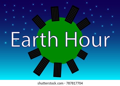 Earth Hour. Vector illustration of planet Earth in space with stars. Turn off electricity from cities.