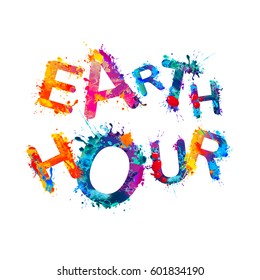 EARTH HOUR. Vector watercolor splash paint inscription