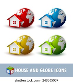 Earth and house icons placed on white background