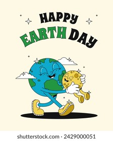 Earth hugs the Moon. Trendy groovy style poster for Earth day. Vector illustration