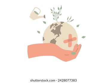 Earth hurt in human hand. Sick planet protect. Climate change and ecological problems. World environment day. Vector illustration.