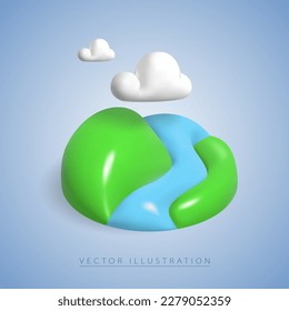 Earth, Iandscape: river, hill and clouds in realistic 3d style, isolated on background. Vector illustration.