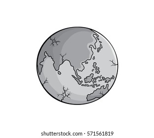 Earth icon with crack on white background. World map in doodles or globe retro style. Ecology design concept for warming pollution.