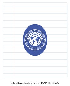 earth icon emblem with pen effect. Blue ink. Vector Illustration. Detailed.