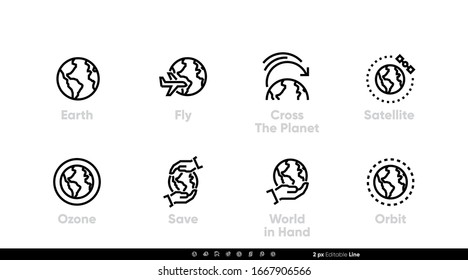 Earth icon, Fly, Planet, Satellite, World. Editable line set isolated vector illustration