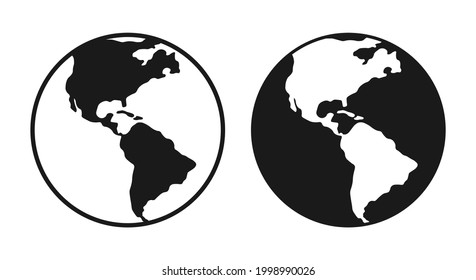 Icono de la Tierra. Símbolo de mapa de esfera de globo. Cartel del mundo desde el espacio. Geografía del atlas de América del Norte y del Sur. botón Internet de interfaz de aplicación Web. Imagen de la ilustración del vector.