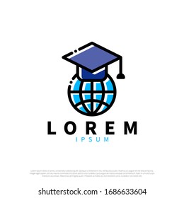Earth icon with a graduation cap for  E-learning concept. Pixel-aligned, Pixel Perfect, Editable Stroke, Easy Scalablility