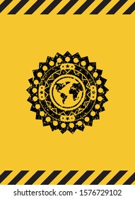 earth icon grunge black emblem with yellow background, warning sign. Vector Illustration. Detailed.