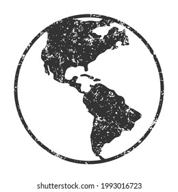 Earth icon. Grunge texture Globe sphere map symbol. World from space sign. North and south america atlas geography. Web application interface internet button. Vector illustration image.