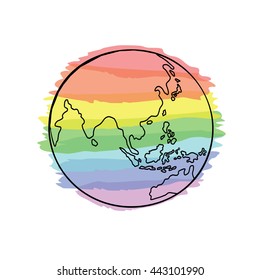 Earth icon hand-drawn on colors of the rainbow background. Earth icon in doodles style.