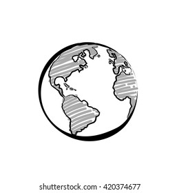 Earth icon hand-drawn on white background. World map in doodles or globe retro style. Environment design for earth-day.