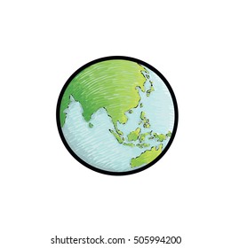 Earth icon hand-drawn on white background. World map in doodles or globe retro style. Nature concept. Environment design for earth day.