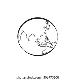 Earth icon hand-drawn on white background. World map in doodles or globe retro style. Nature concept. Environment design for earth day.