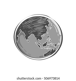 Earth icon hand-drawn on white background. World map in doodles or globe retro style. Nature concept. Environment design for earth day.