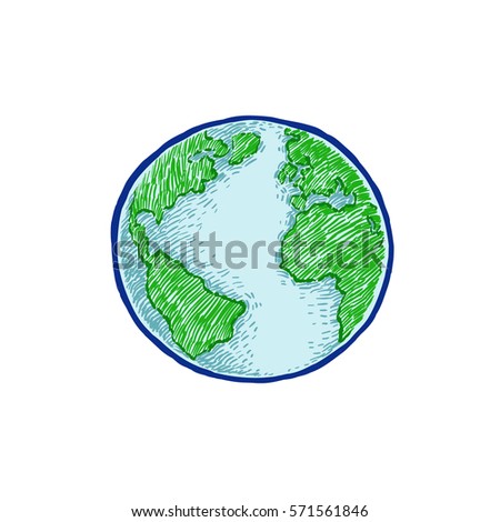Earth icon hand-drawn on white background. World map or globe in doodles style. Environment design for earth day.