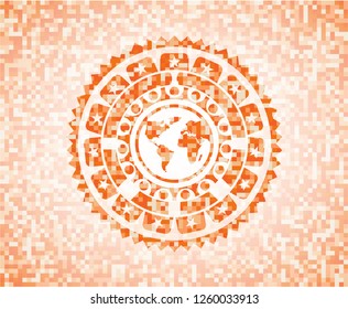 earth icon inside abstract emblem, orange mosaic background