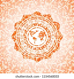 earth icon inside abstract orange mosaic emblem with background